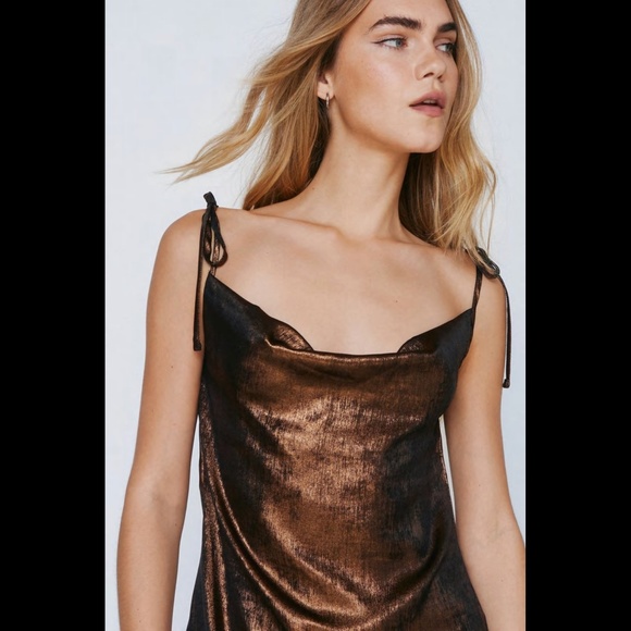 Nasty Gal Bronze Metallic Lamé Tie Strap Cowl Neck Mini Dress USA Size 8 - Picture 7 of 7